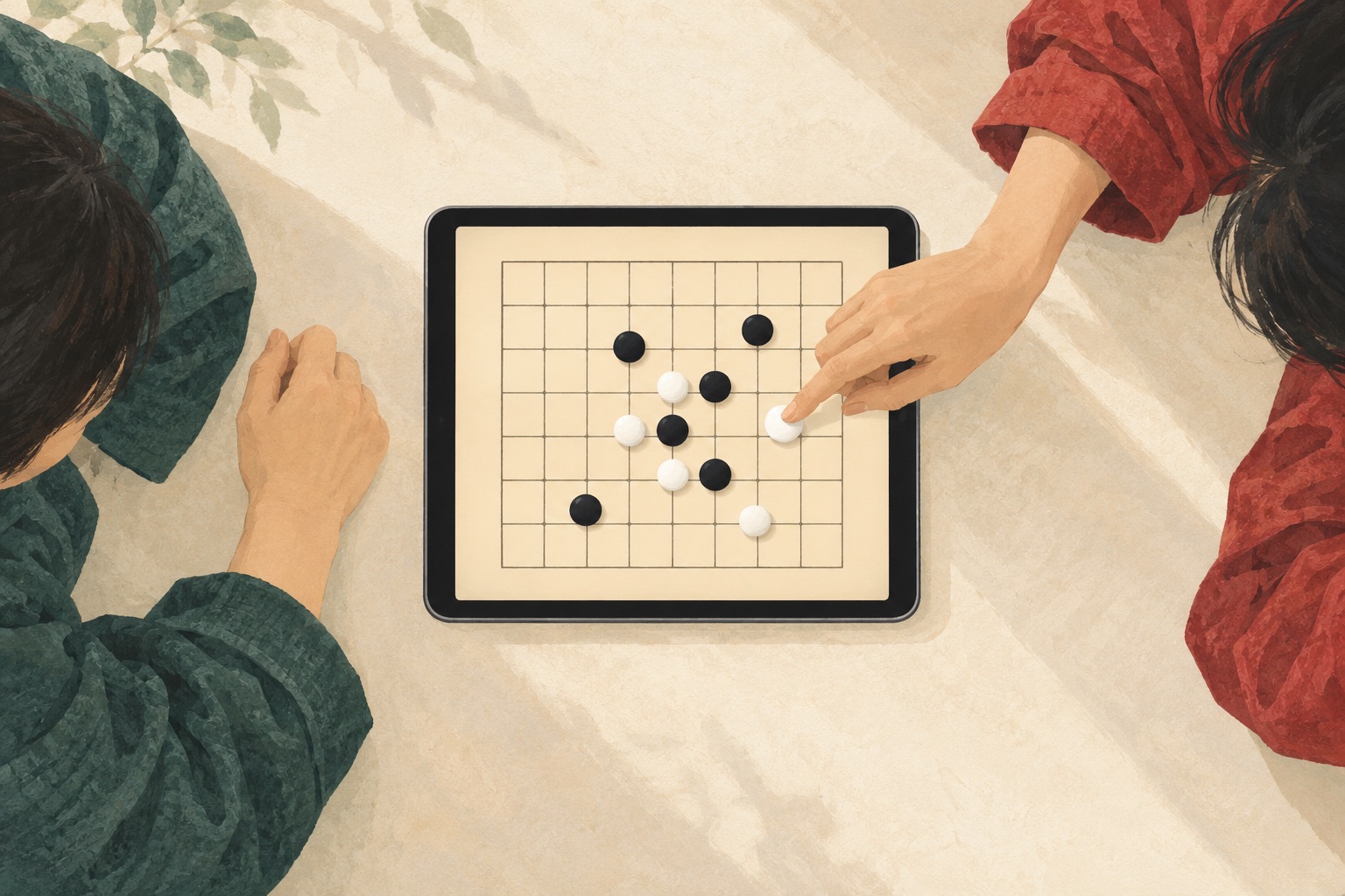 Концептуальная иллюстрация · два человека играют на одном iPad
